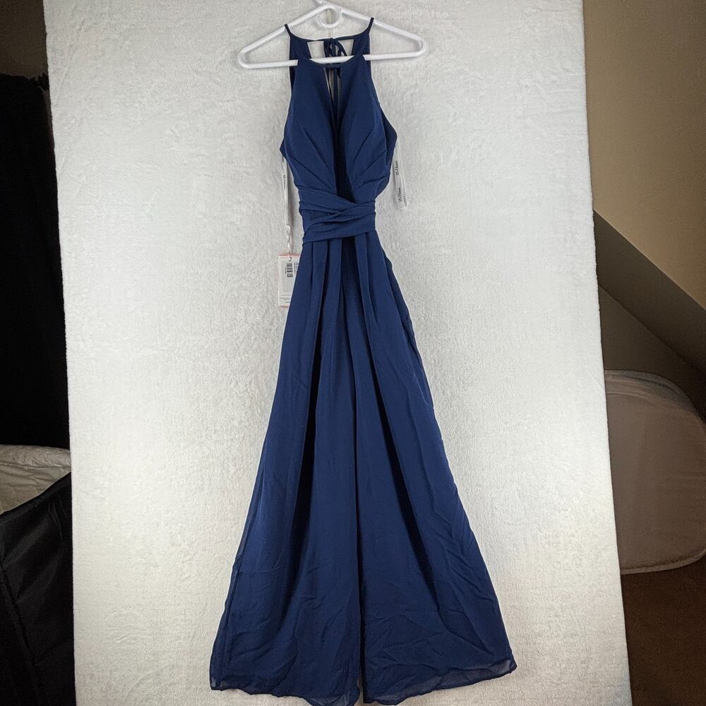 JJ's House Safara Halter Chiffon Jumpsuit Navy Blue Size 8 Built in Bra Wide Leg - Picture 3 of 9